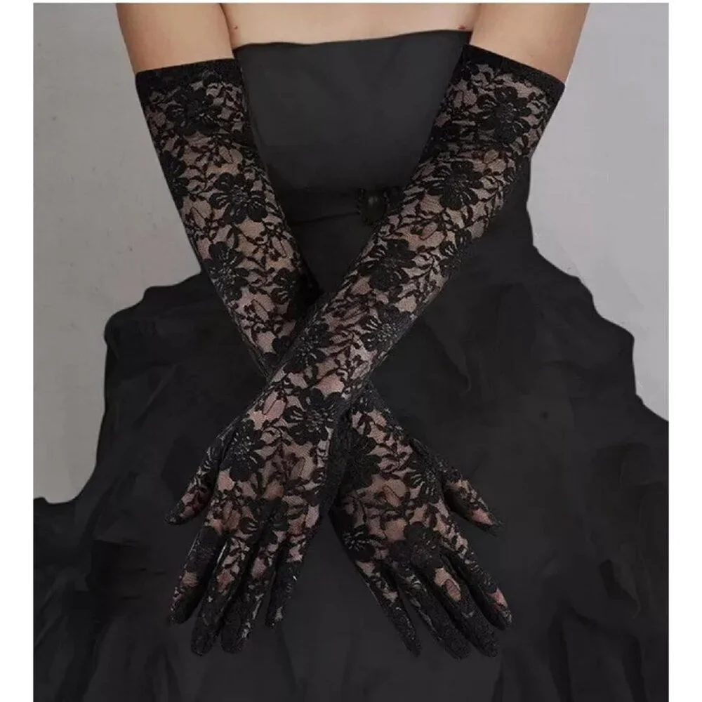 Women's Black Floral Long Lace Gloves Wedding Dance Stretchy Elbow Length